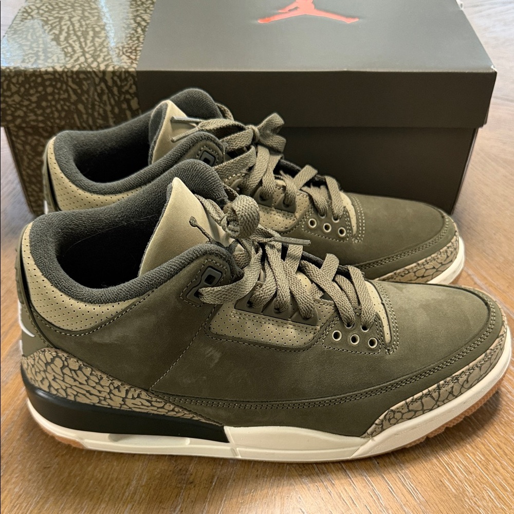 Jordan 3 Men's Olive Green Suede Sneakers with Elephant Print